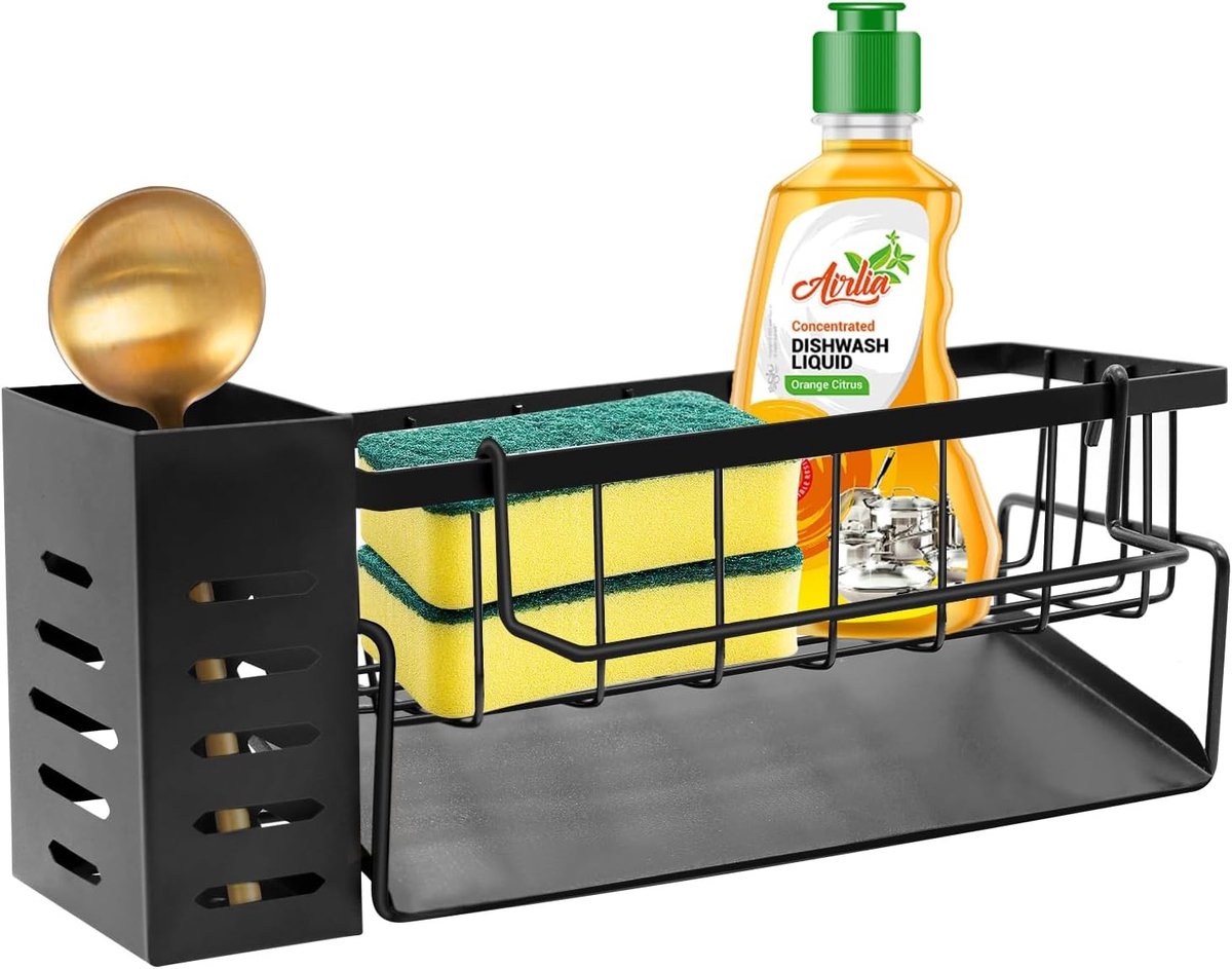 Praktische Organizer voor de Keuken en Badkamer, Inclusief Spons- en Doekhouder, met Afvoergoot voor Efficiënte Opberging van Schoonmaakproducten