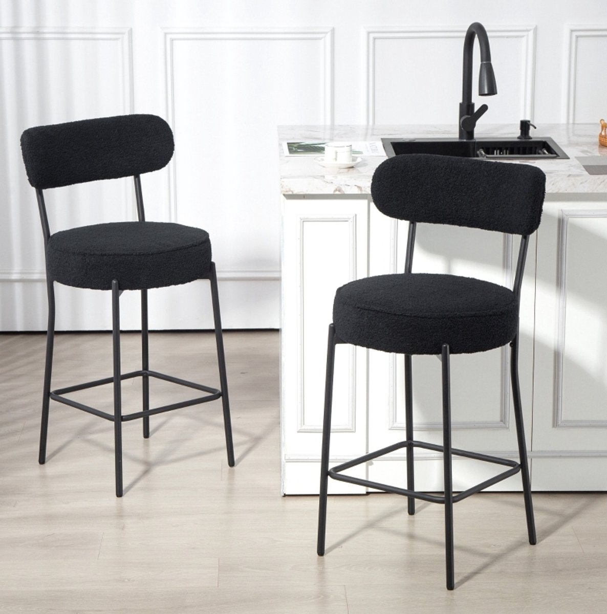 MODENUIT Barkruk 52 x 49 x 95 cm - Set Van 2 Met Rugleuning En Voetensteun - Keuken En Bar - Polyester Zwart