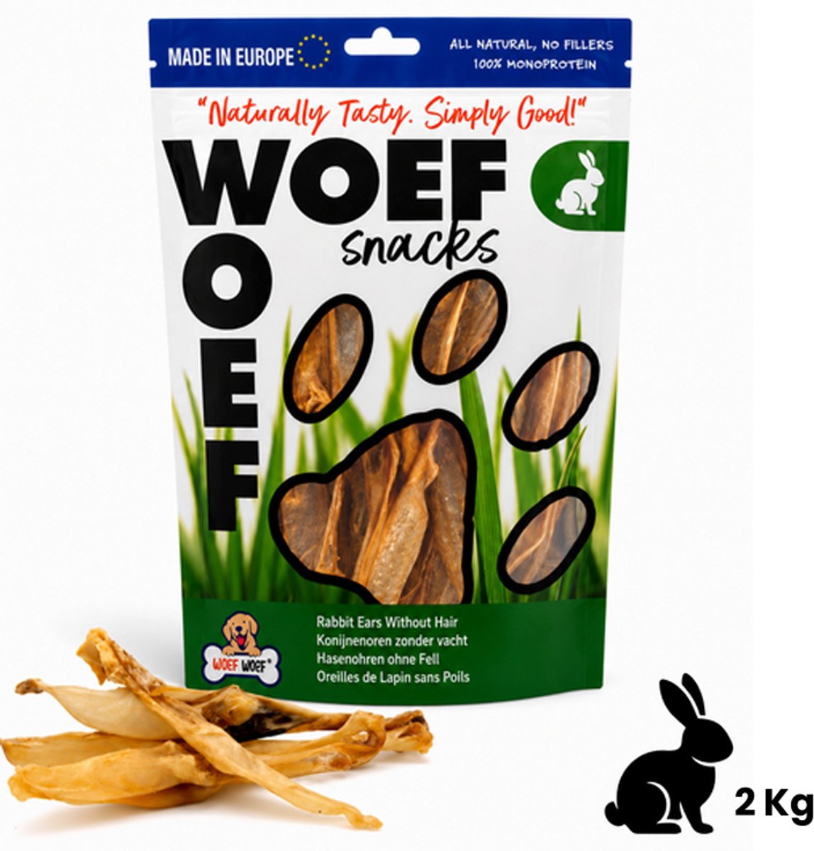 Woef Woef Snacks Hondensnacks Konijnenoren zonder haar - 2.00 KG - Kauwsnacks - Gedroogd vlees - Konijn - Vanaf 3 maanden - Geen toevoegingen
