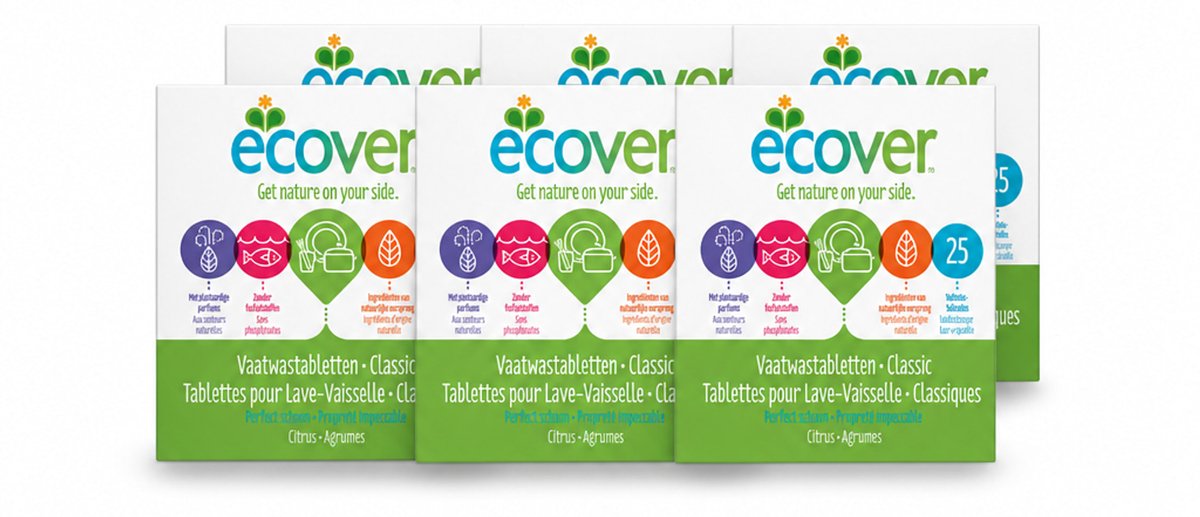 6 x Ecover - Vaatwastabletten Classic - 25 Tabs - Voordeelverpakking - 6 stuks