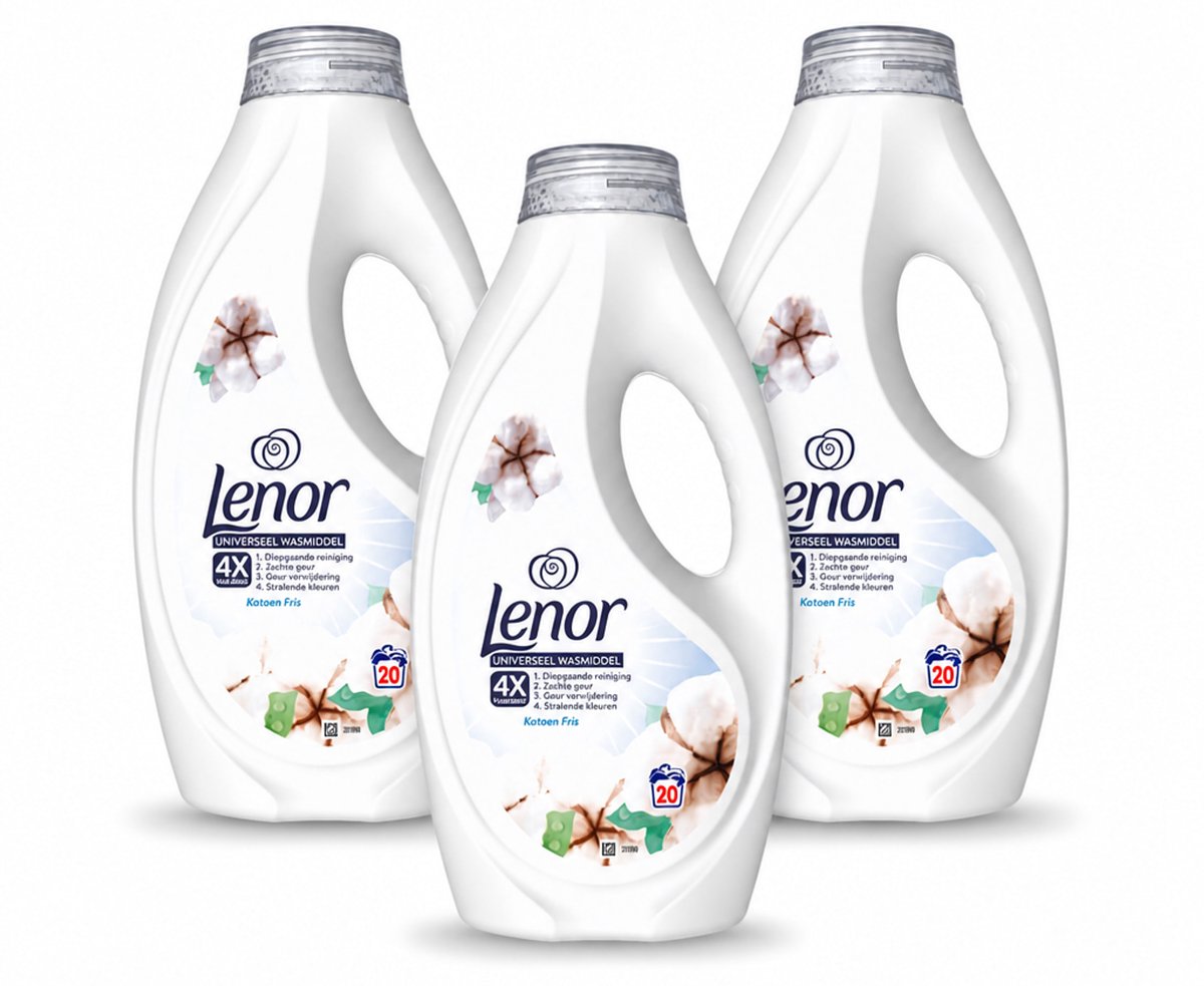3 x Lenor – Wasmiddel – Katoen Fris – 20 Wasbeurten - 900 ml - Bulkverpakking - 3 stuks