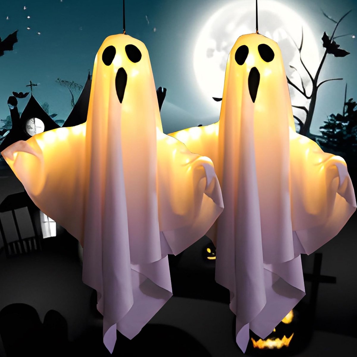 Hangende Lichtgevende Spookdecoraties met Lichtsnoer - Voor Tuin en Terras - 2 Stuks (Wit, 19.6 Inch)