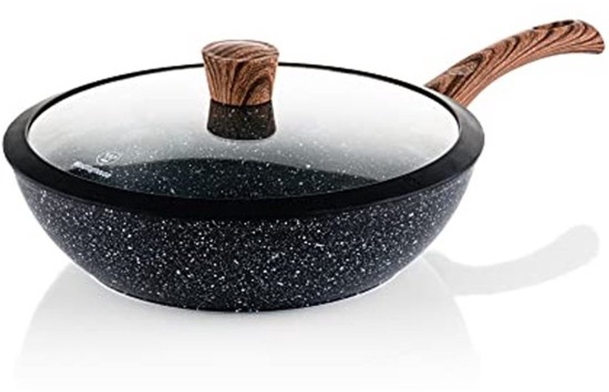 Houten Marmeren Wokpan 30 cm - 3-Laags, Borden met Antiaanbak Coating, Geschikt voor Inductie, Siliconen Handvat in Houten Uiterlijk, Vaatwasserbestendig, Zwart
