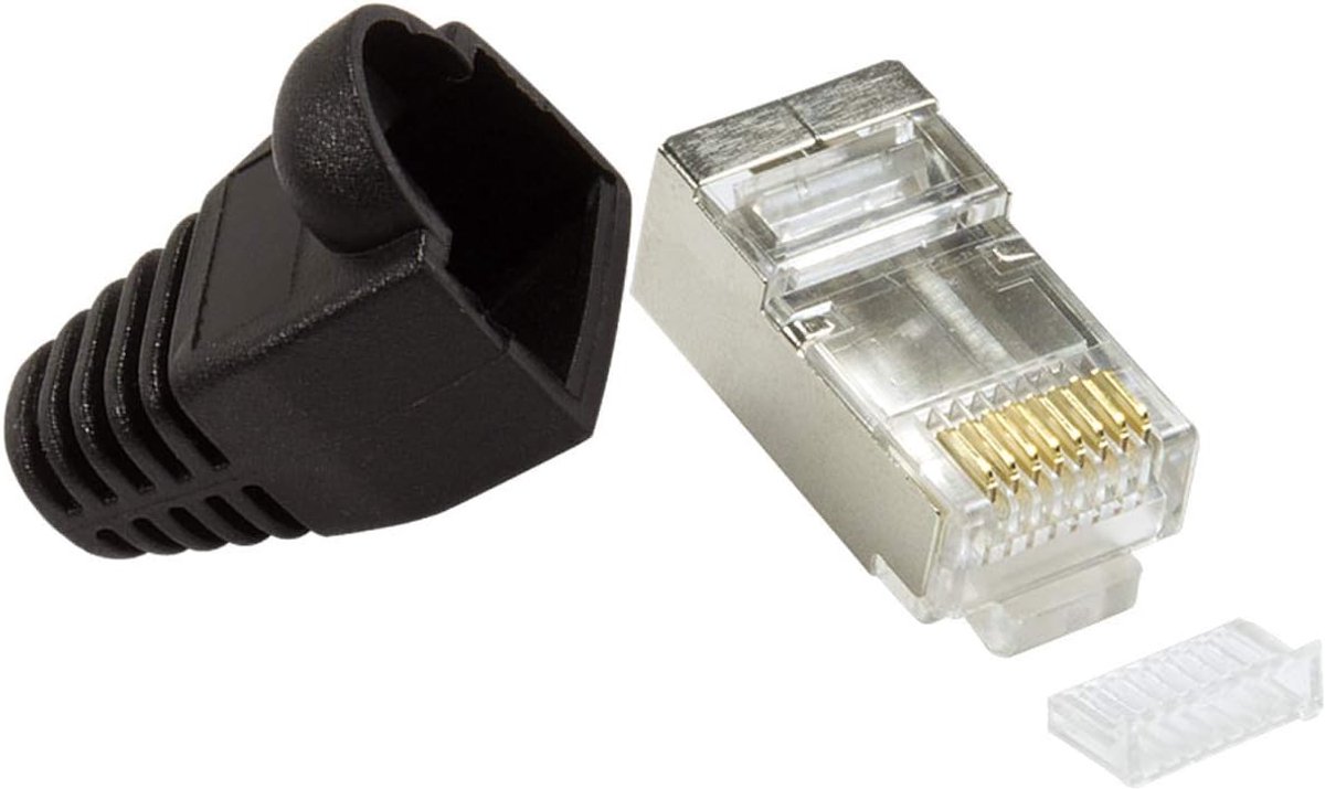 10 x krimpstekker netwerk internet LAN-kabel afgeschermd RJ45 metaal ommanteld met knikbescherming en inrijghulp, CAT 6, 5e, modulaire plug met inzetstuk