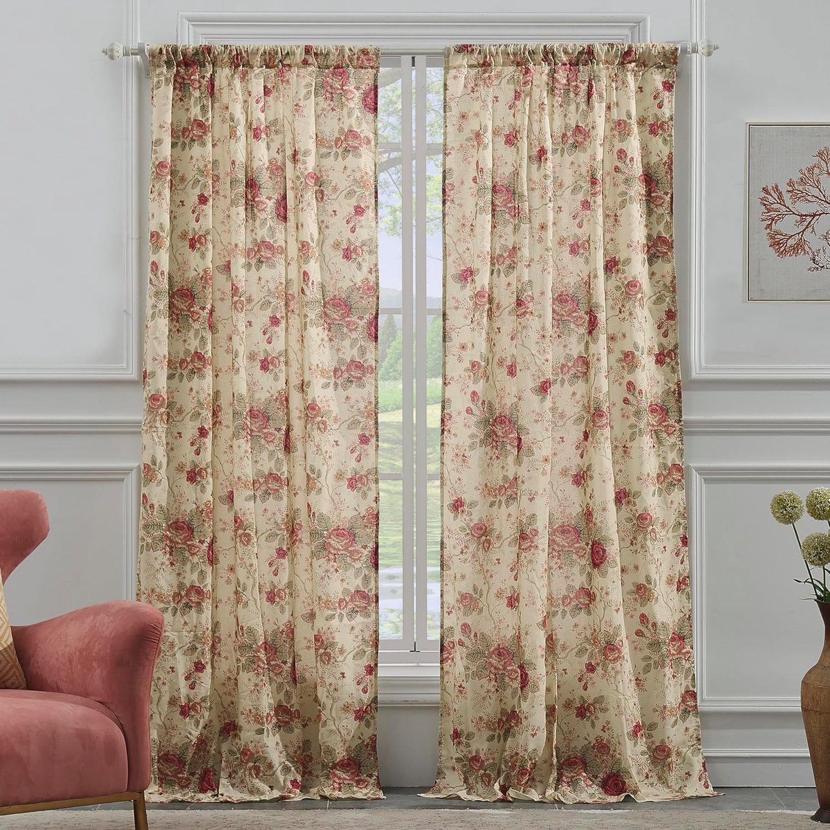 Home Antieke roos 100% katoenen gordijnpaneel paar, elk 42 B x 84 L inch, set van 2 - ecru