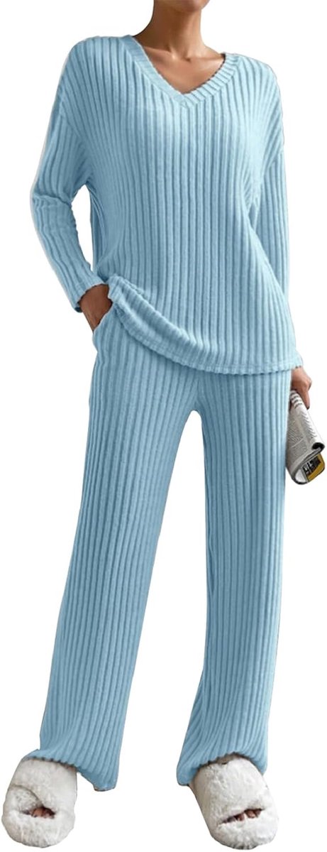 2-delig dames gebreid pak elegante set broek met wijde pijpen en trui korte mouwen ronde hals loungewear set herfst winter