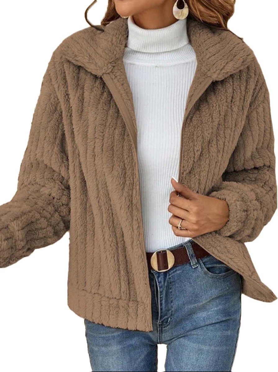 Warme pluche mantel revers korte jas herfst winter jas ritssluiting mantel met zakken