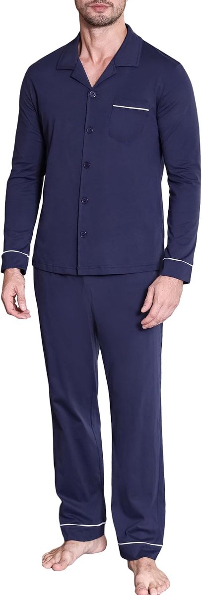 lange katoenen pyjama, tweedelige nachtkleding, nachtkleding met klassiek design, V-hals en knoopsluiting
