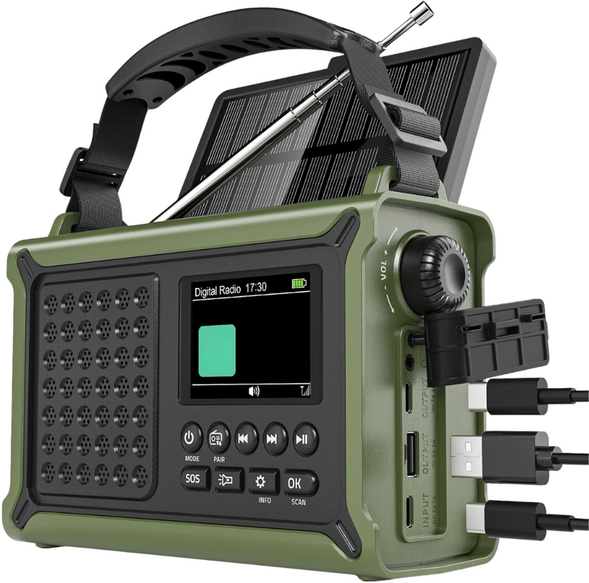 Verte - Noodradio - Met Handkruk - DAB+/FM-Radio Met Een Batterij Van 12.000 Mah - Zonnepaneel Van 8.500 Mm² - Handdynamo Van 650 Ma - Zonneradio Met Bluetooth 5.0 - Zaklamp En Powerbank - USB - Voor Kamperen