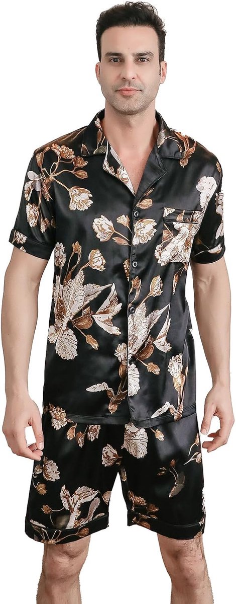 pyjamaset met korte mouwen, zijdeachtige pyjamabroek, hoogwaardige button-down-nachtkleding, veelkleurige zijdeachtige pyjamaset voor heren