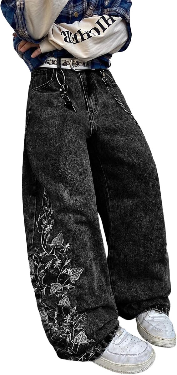 Jeans voor heren met bloemenborduurwerk, hiphop, stijlvolle wijde pijpen, denim broek, streetwear