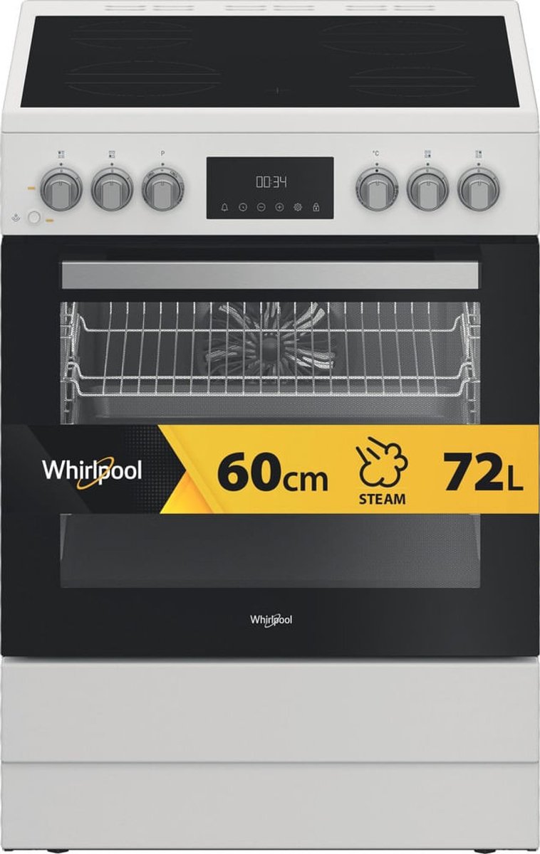 Whirlpool W6V8LCSW – Vrijstaande Elektrische Kookplaat met Oven – Keramisch – 4 Kookzones – 72 Liter – 8 Functies – Steam+ – Catalytische Reiniging – Wit