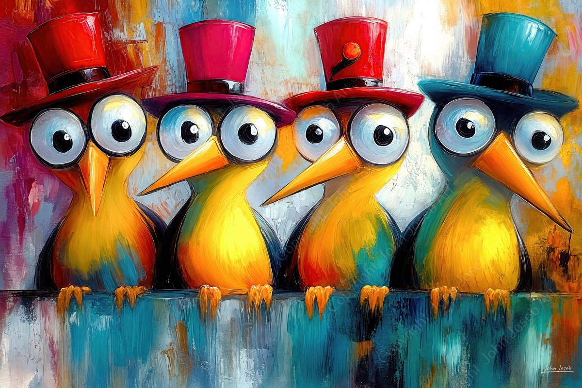John Joseb Art (Canvas) 90x60 | Gekke grappige vogels met hoed en bolle ogen op tak, artistiek, abstract, humor, kleurrijk, kunst, dier, vogel, portret, rood, geel, groen, blauw, modern | Foto-Schilderij canvas print (wanddecoratie) Canvas, dikte 2 cm