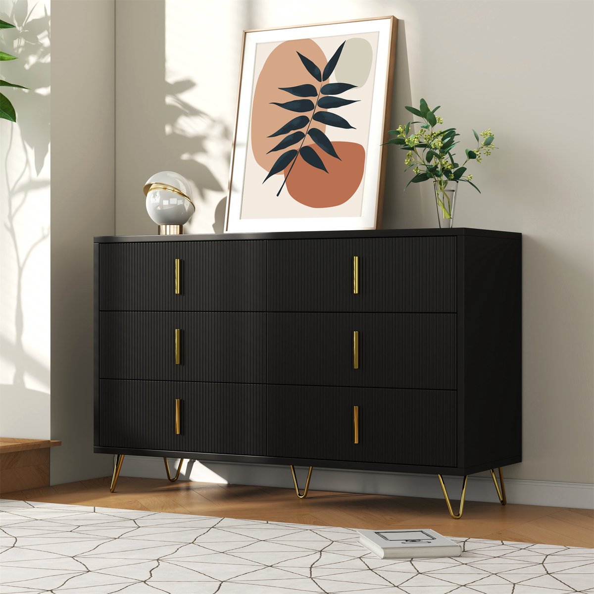 Elegante Kast 120x40x77 cm – 6 Laden – Modern Golftextuur Design – Zwart & Goud – Veel Opbergruimte – Stofzuigerrobotvriendelijk