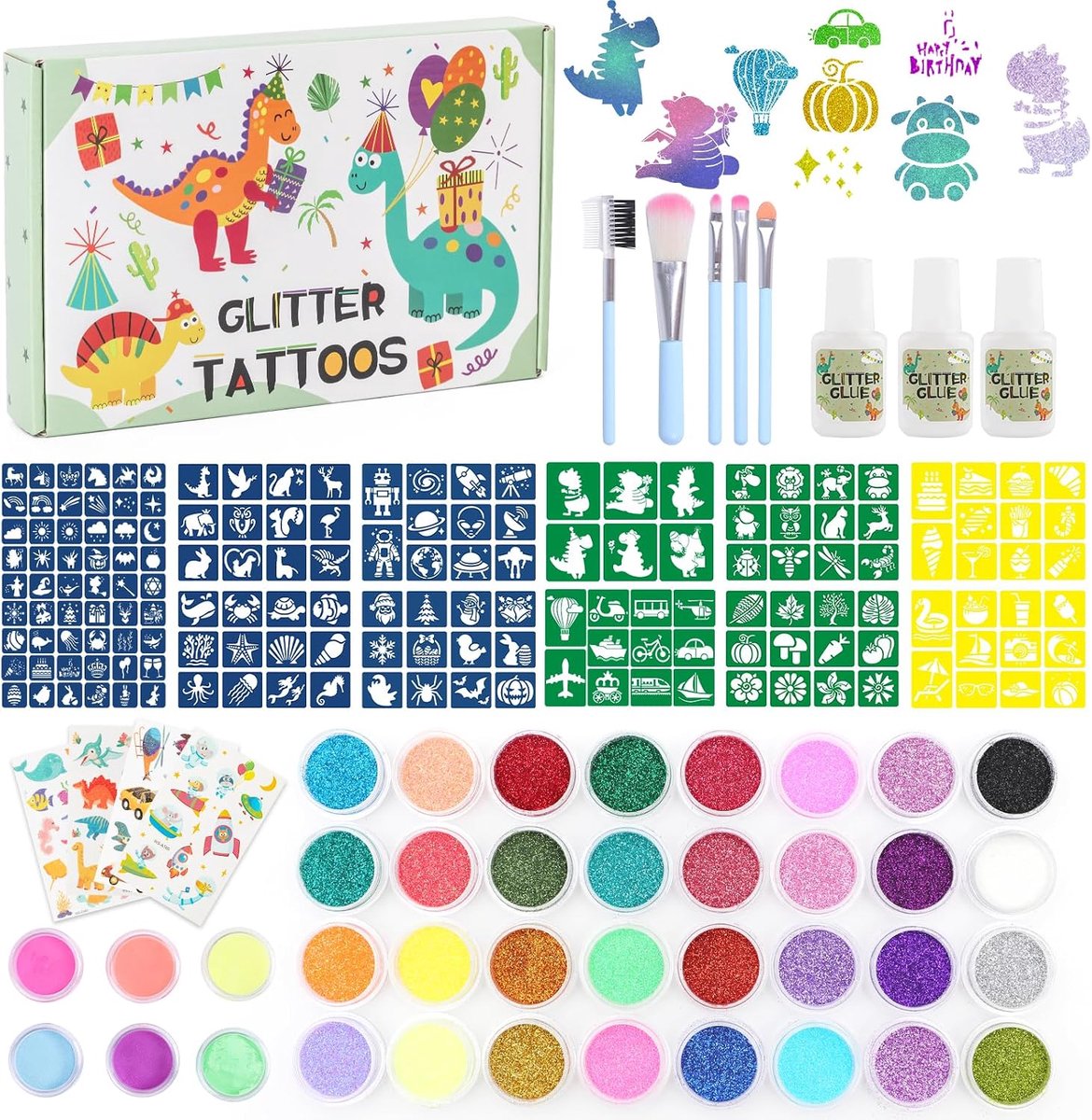 Tijdelijke Dinosaurusglittertattooset, 32 Kleuren Glitter, 6 Lichtgevende Poeder, 164 Sjablonen, 5 Borstels, 4 Tatoeage Stickers, 3 Lijmen, Verjaardagsfeestjeartikelen