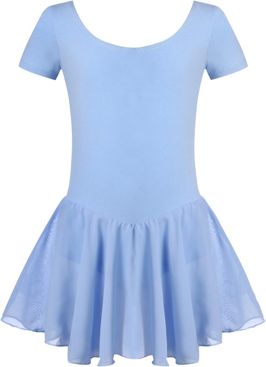 Balletkleding voor meisjes, balletjurk voor kinderen, korte mouwen, katoen, balletpak, dansjurk, balletjersey met chiffon, wikkelrok, tutu