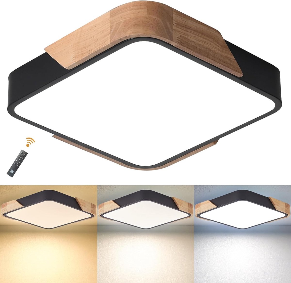Dimbaar, 24W Moderne Ultradun Vierkant Houten Lamp Armaturen met Afstandsbediening voor Slaapkamer Woonkamer Keuken Eetkamer Kantoor Hal Balkon Gang, 30cm*30cm, 3000K-6000K
