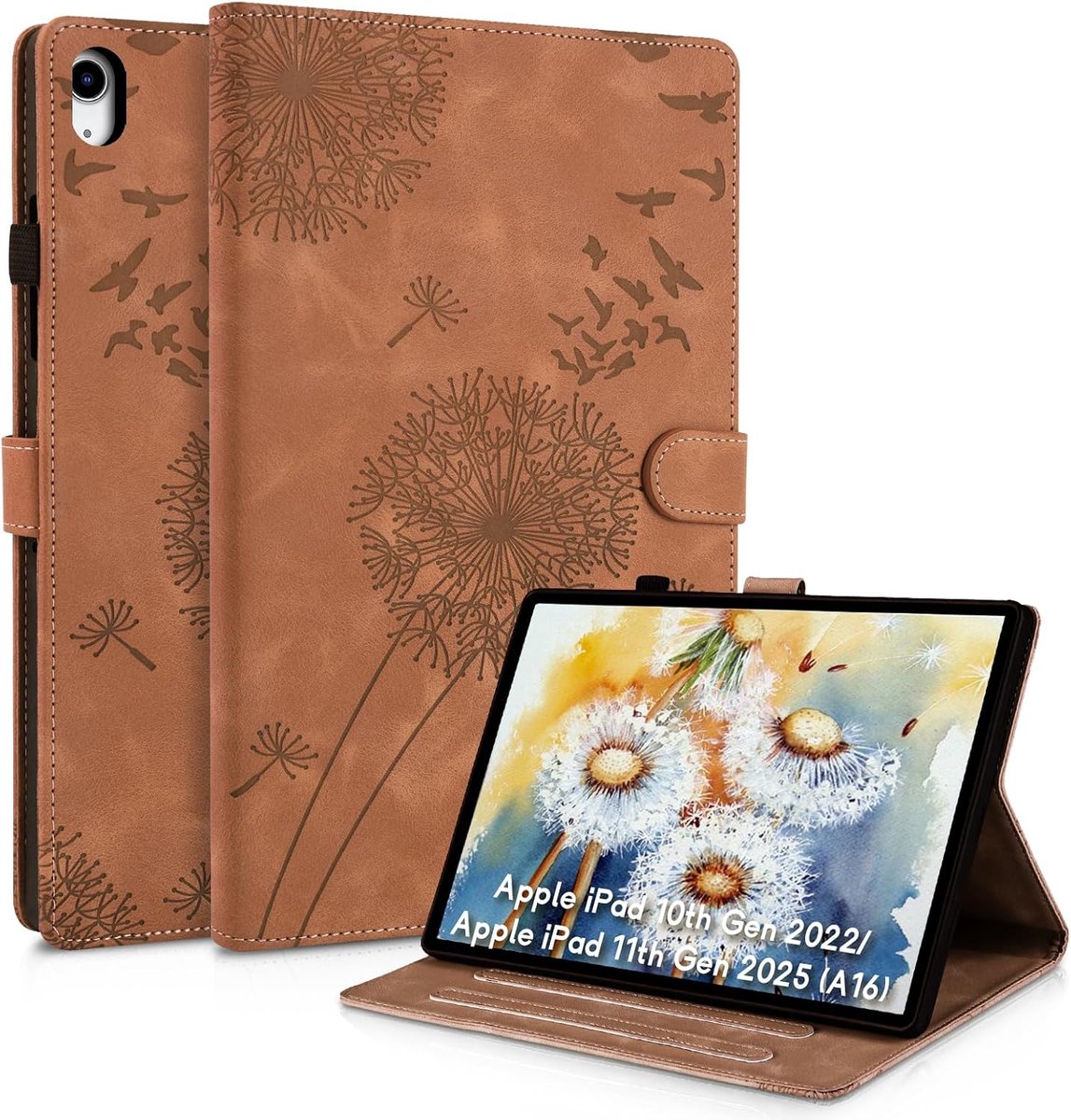 Beschermhoesje voor iPad 11/10 Generation 2025/2022 (11/10,9 inch), A16, lederen hoes, met paardenbloemmotief, magnetische hoes voor iPad 10 2022 10,9 inch, bruin