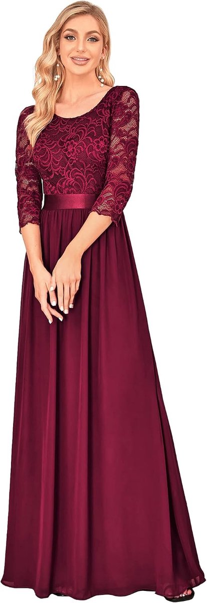 Dames maxi bloemen rugloos elegante A-lijn 3/4 mouwen ronde hals kant hoge taille bruidsmeisjes jurken 07412, één maat (OS)