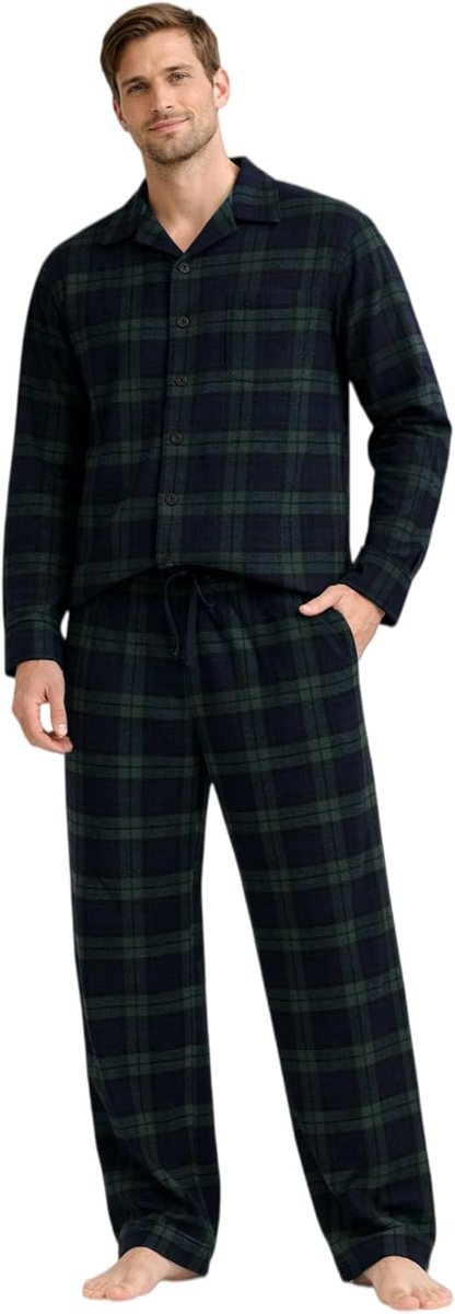 Flanellen Pyjamaset 100% Katoen, Geruit, Lang Shirt met Knopen & Broek met Zakken Winter Nachtkleding