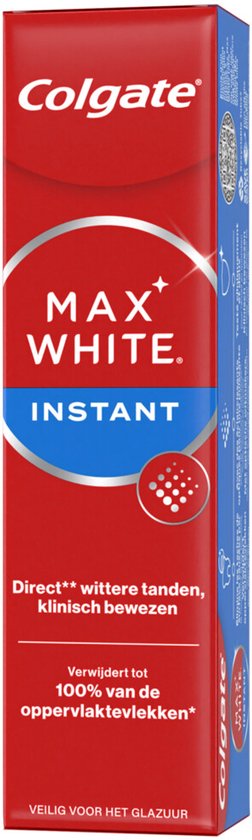 Colgate Max White Instant tandpasta in rode en witte verpakking met "Direct wittere tanden" claim.