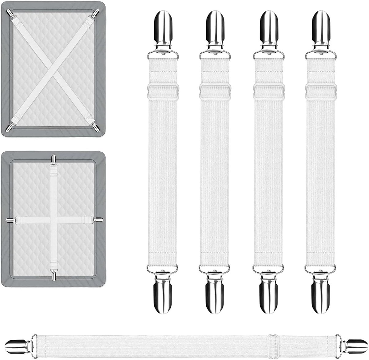 Verstelbaar, 4 stuks, bedlakenspanners, 28-49 cm, bedlakenhouder, spanner, voor lakens, matrassen, bank, wit