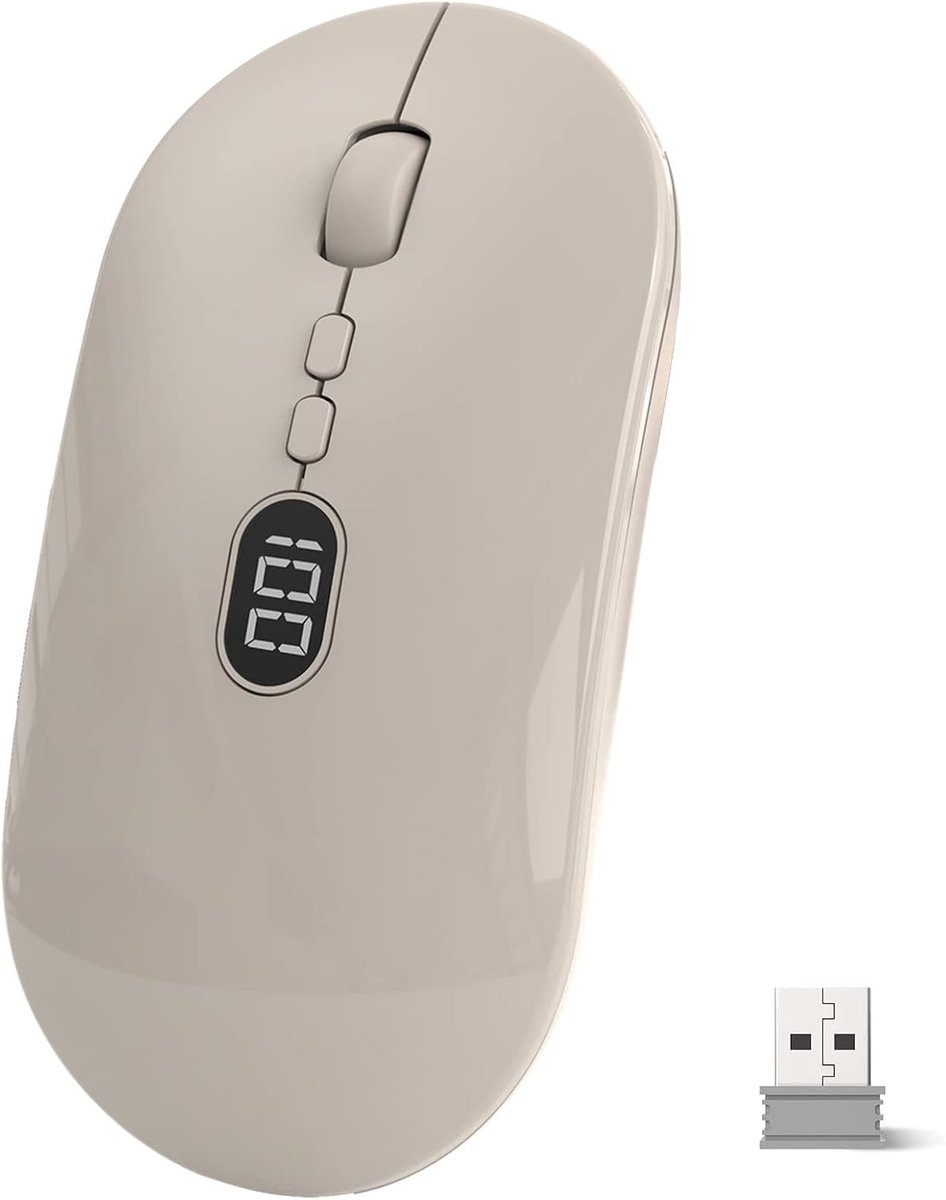 Muis Oplaadbare met Power Display-Scherm, Stille Slanke Draadloze Muis, Geluidloze Klik Ultralicht Mini Wireless Muis met 2.4G USB Ontvanger, 1600 DPI voor PC Tablet Laptop Mac - Milk Tea