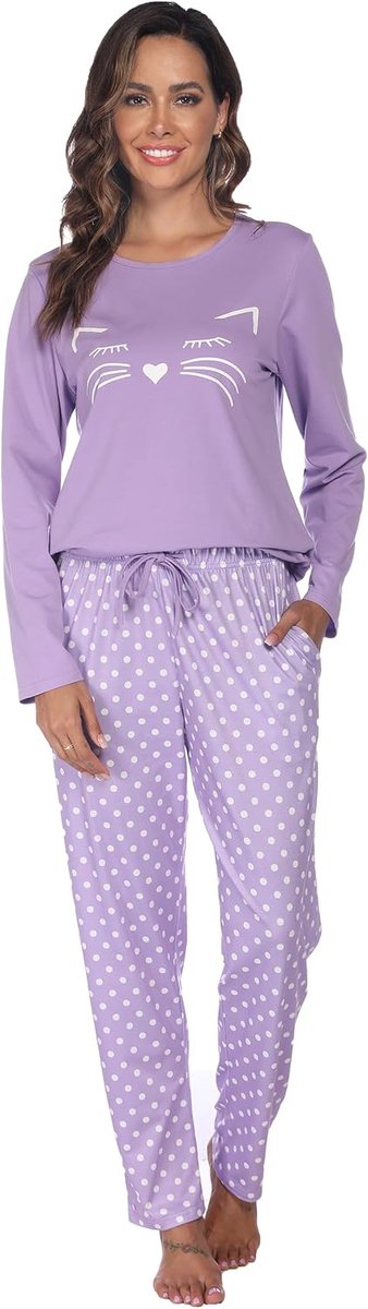 Pyjama Dames Lange Pyjama Katoenen Winter Pyjama Set Ronde Hals Top en Pyjamabroek Lange Mouwen Loungewear Nachtkleding Huispak Gezellig Vrijetijdspak