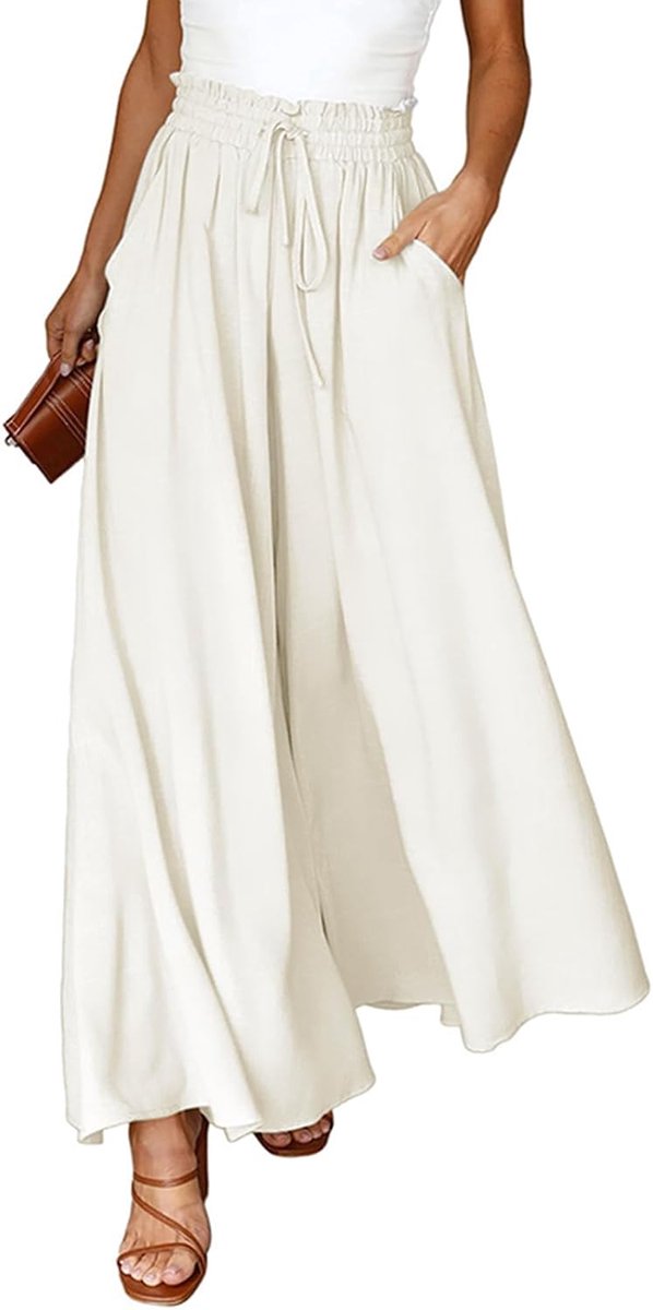 Palazzo Damesbroek, zomer, licht, casual, wijde broek, vrijetijdsbroek, elegant, effen, marlenebroek, brede pijpen, broek met hoge taille, elastische zakken, trekkoord