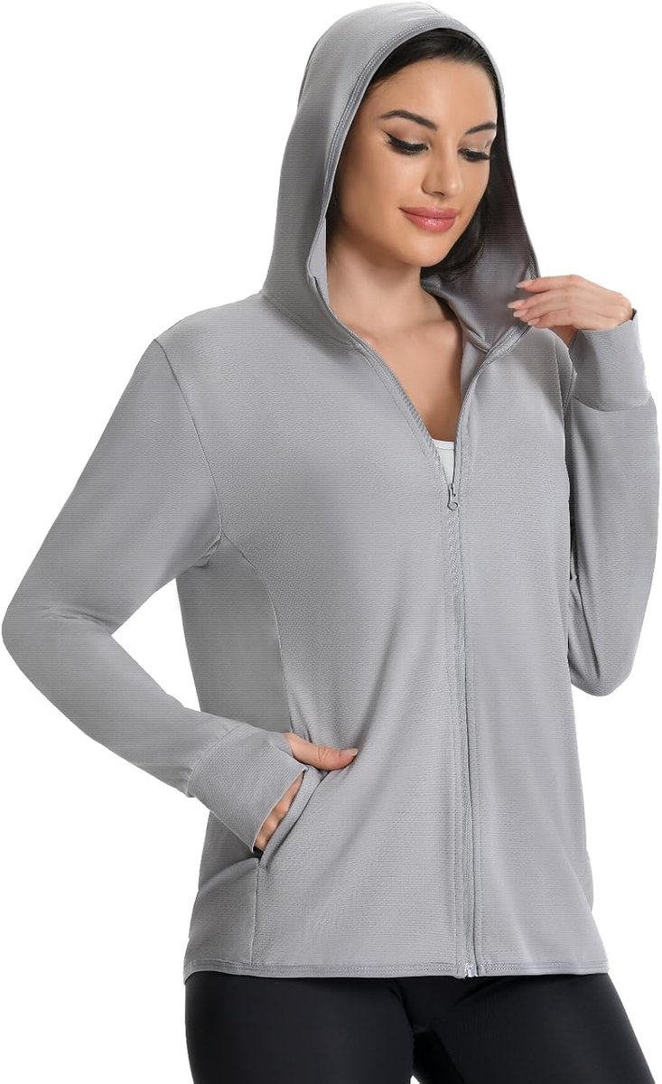 Uv-beschermingsjack voor dames, UPF 50+, met ritssluiting, lichtgewicht zonneshirt met lange mouwen en zak voor hardlopen, wandelen