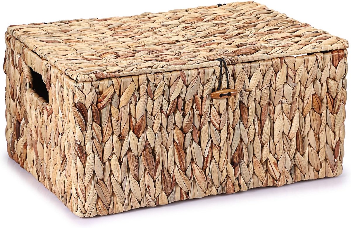 Opbergmand van waterhyacint, zeegras, geweven waterdichte opbergkist met deksel, voor in de woonkamer, keuken, kledingkast voor kleding, boeken, groenten, fruit, cosmetica, 40 x 28