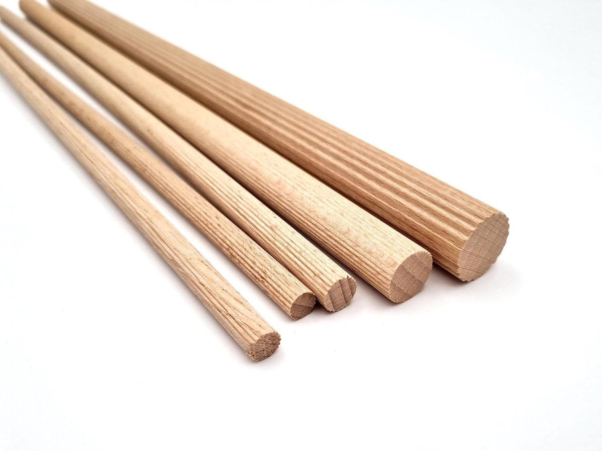 10 stuks JOWE Geribbelde stokken van beukenhout Ø 8 mm, lengte 100 cm - deuvelstok 1 m, geproduceerd in Oostenrijk conform DIN 68150