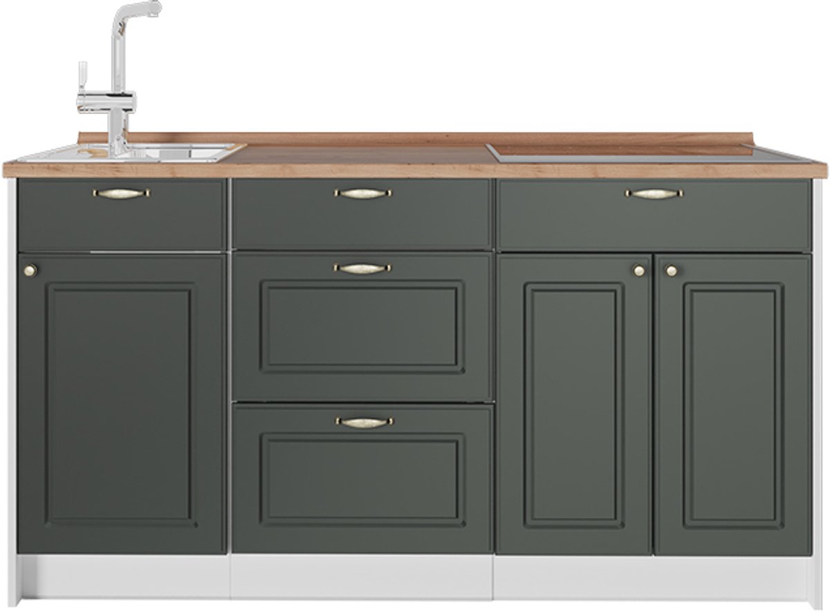 Vicco Keukenblok Fame-Line, Groen-Goud landelijk/Wit, 150 cm goudkleurig eiken werkblad