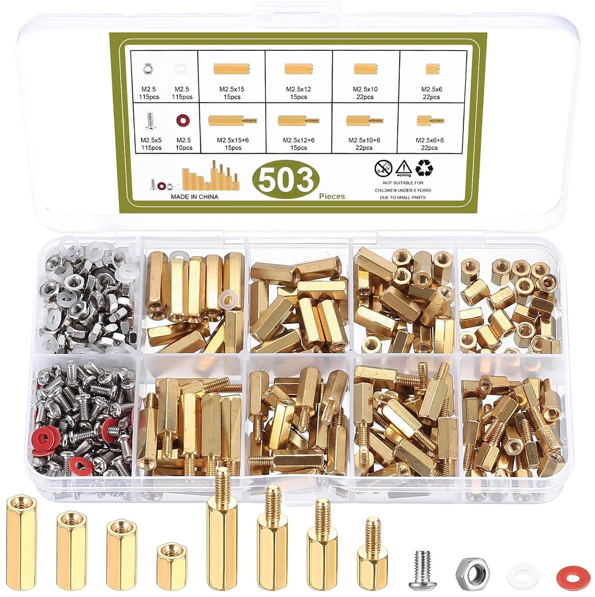 503 Stk M2.5 Messing Mannelijk Vrouwelijk Hex Schroeven Moer Assortiment Kit, PCB Board/Platen Zeskant Schroefdraadmoer Afstandsmoer Afstandhouders Spacers Standoffs