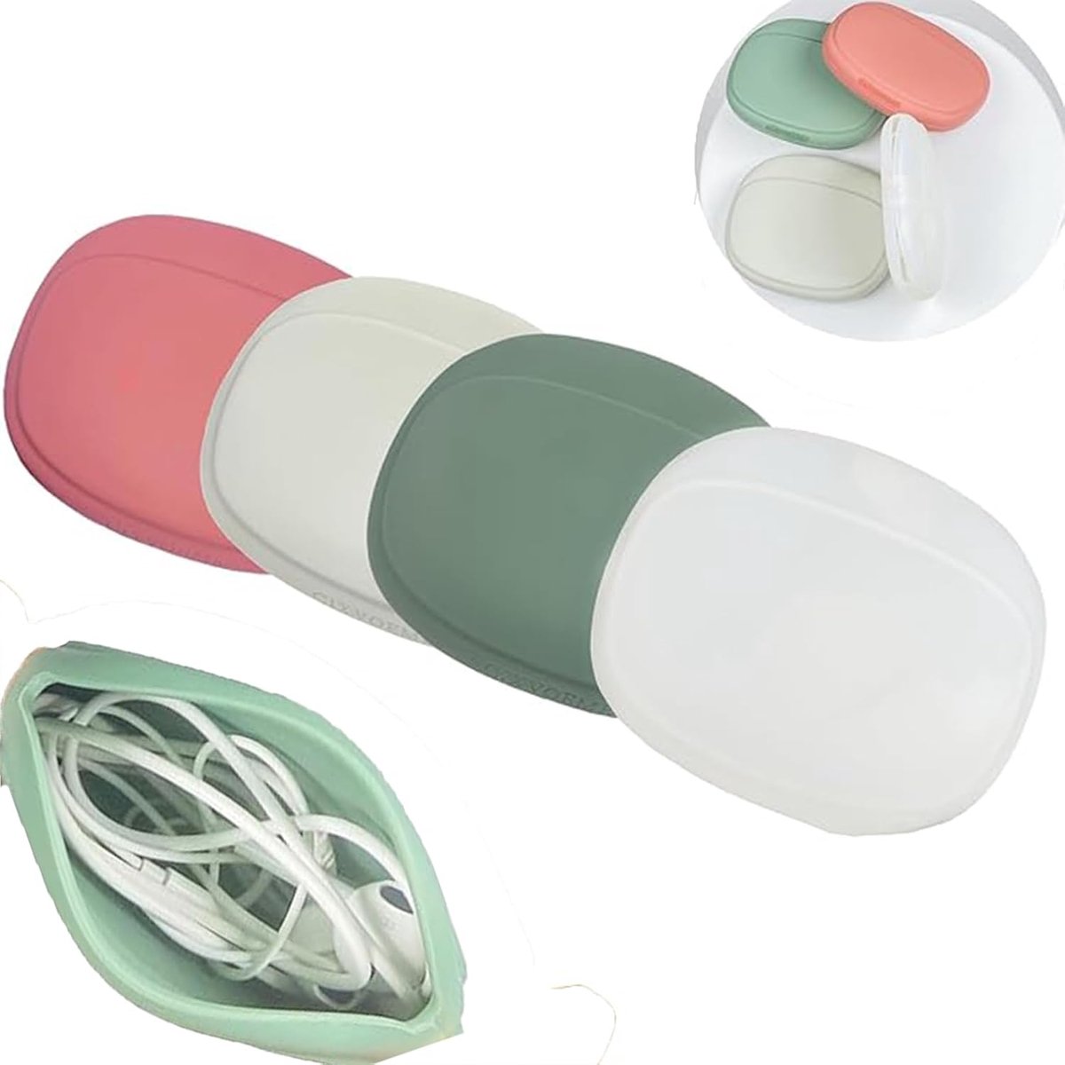 4 mini-tassen, kleine opbergtas, waterdichte hoofdtelefoontas, kleine ovale opbergdoos, draagbare hoofdtelefoon opbergtas, hoofdtelefoon, USB-oplaadkabel, Rood, Compact