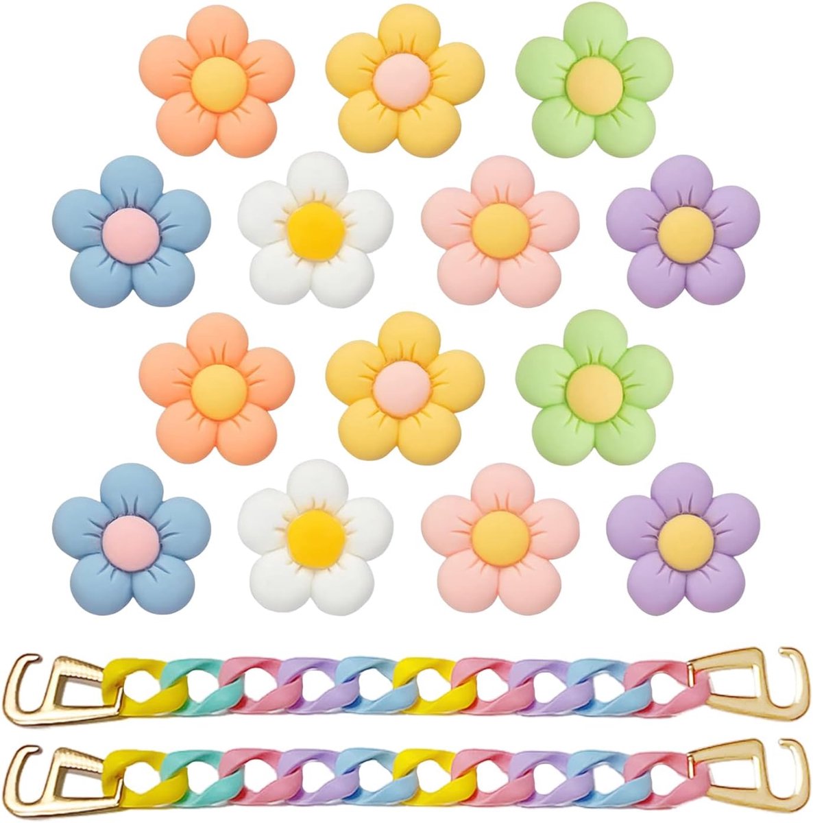 14 bloemendecoraties en 2 schoenveters, afneembare schoendecoraties, doe-het-zelf schoendecoraties, schattige accessoires voor schoenen, Kleur: zwart/bruin,, Eén maat