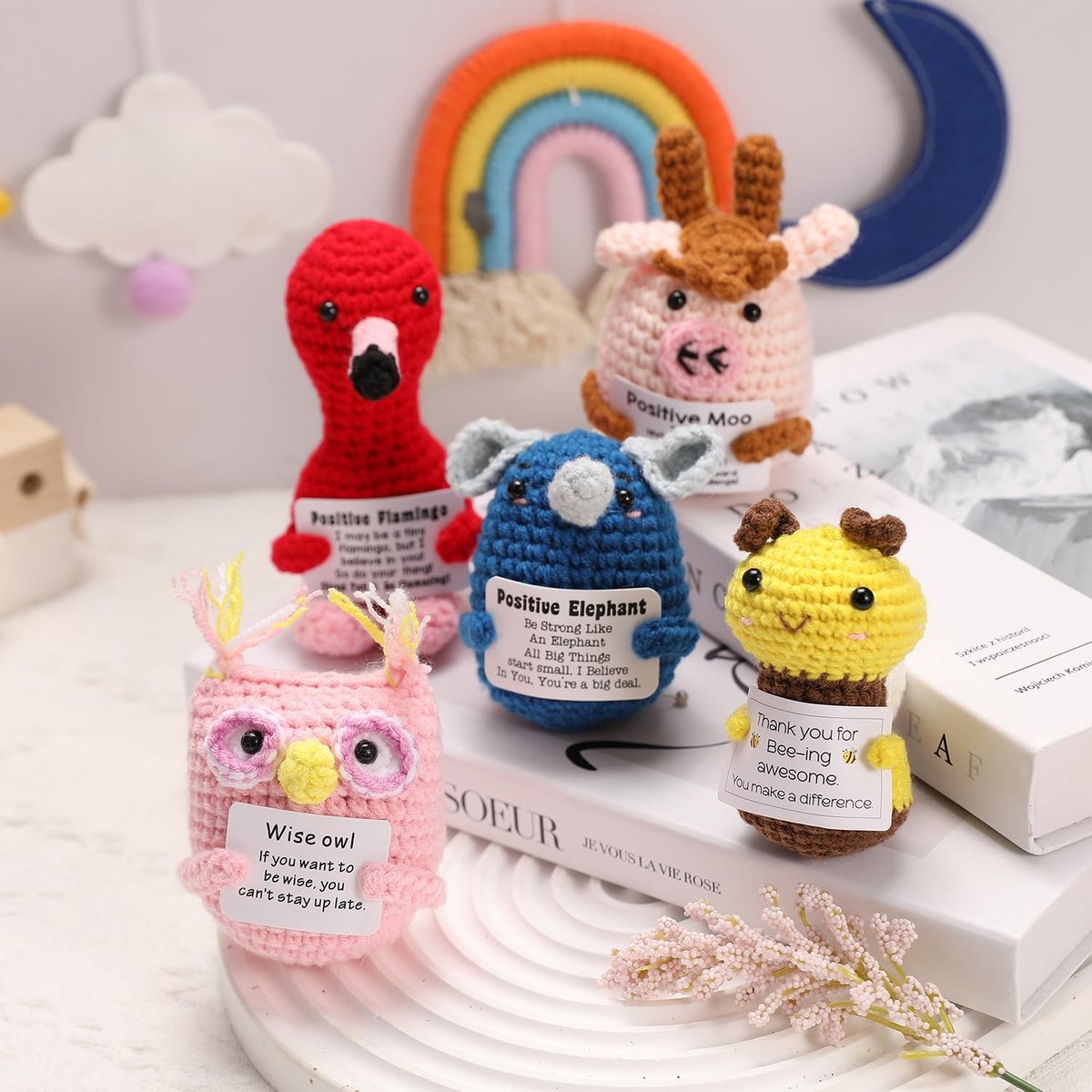 Set van 5 positieve dierenpoppen met positieve kaart, creatieve gebreide wollen pop, stressvermindering, fluffy stuffies, Lucky Charm Courage gif, olifant, koe, bijen