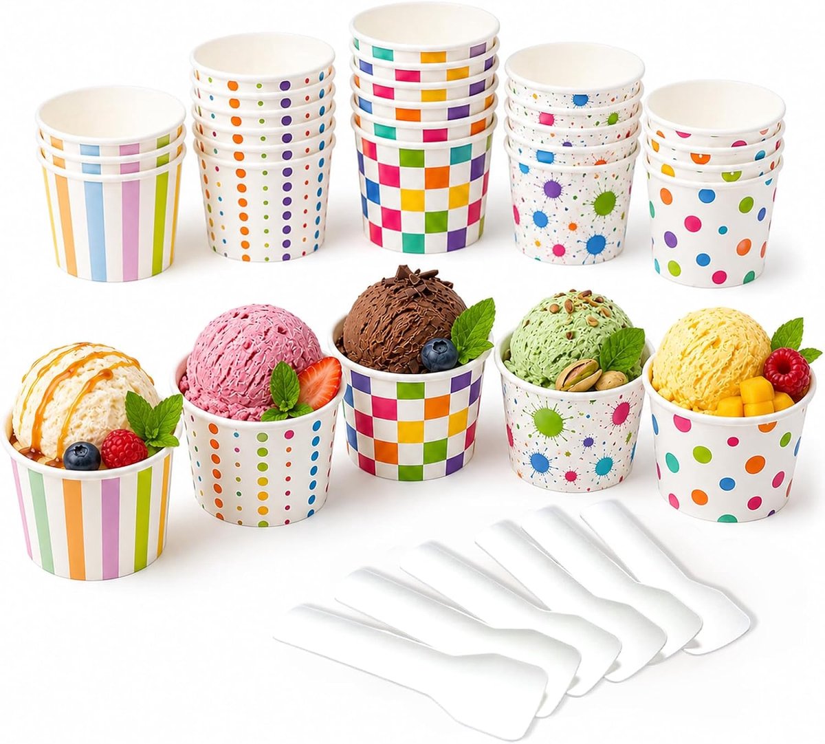 Ijsbekers 165-180 ml met papieren lepels, wegwerpdessertbekers, 5 kleurrijke designs, voor dessert, ijs, fruit en snacks, ideaal voor bruiloft, verjaardag, feest, catering en gParty