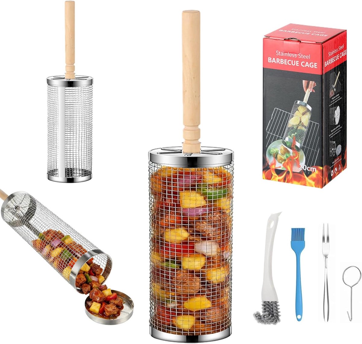 Grillmand van roestvrij staal, grillmand voor groenten, rollende grillmand, groenten met afneembare houten handgreep, grillschaal roestvrij staal voor gasbarbecue, grillaccessoires
