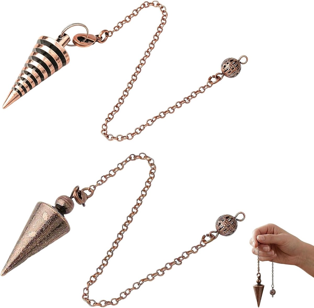 2 Stuks Metalen Pendel in Bronskleur, Esoterische Slinger met Ketting, Wichelpendel voor Meditatie, Intuïtieve Oefeningen, Reiki Accessoires, Spirituele Decoratie en Cadeau