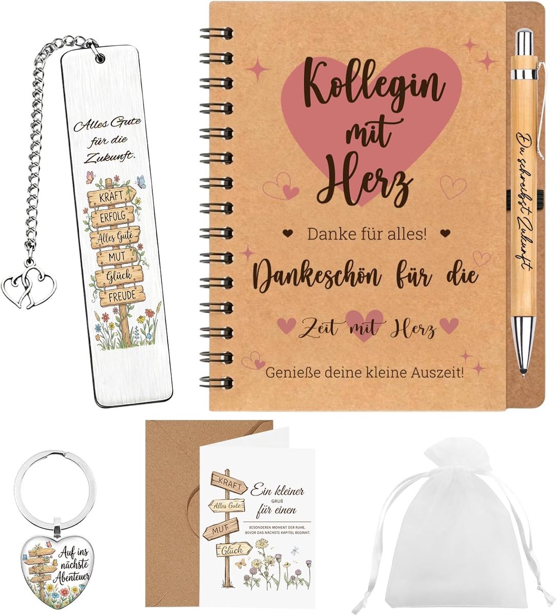 Afscheidscadeau voor collega's met notitieboek, pen, afscheidskaart voor collega's, bladwijzer, sleutelhanger, nieuw begin cadeau voor collega's, voor mannelijke en vrouwelijke collega's en vrienden