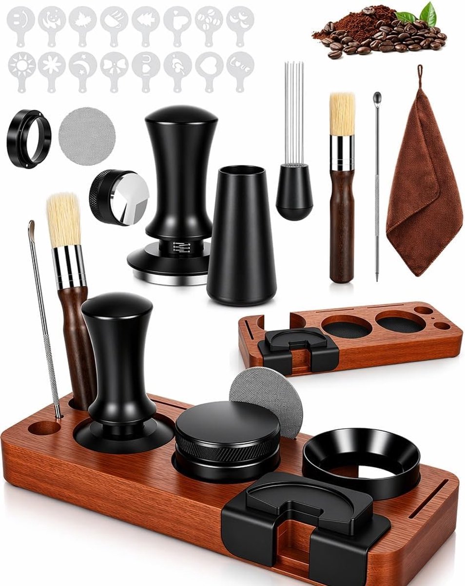 Tamperset, 51 mm, 25 stuks espresso tamper, koffie tamper 51 mm met tamperstation, koffieniveau, WDT tool, doseerring, reinigingsborstel, puckscreen, roerder, 16 latte-stijlsjablonen voor