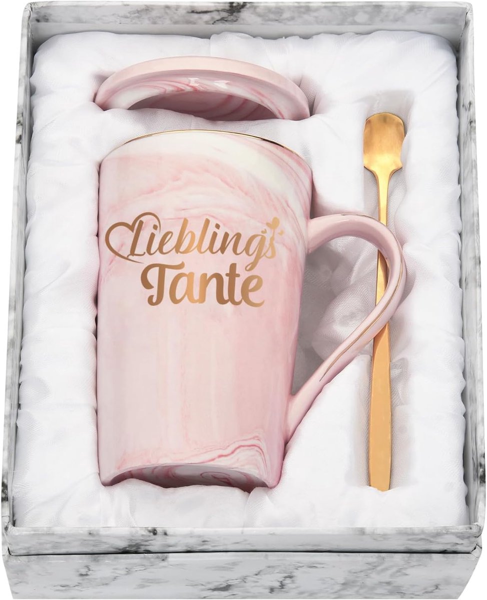 Cadeau Kerstmis, Lievelingstante Koffiemok, Cadeaus voor Tante, Tantes, Auntie voor Verjaardag, Moederdag, 400ML Keramiek Marmeren Beker met Deksel, Lepel en Geschenkdoos, Roze