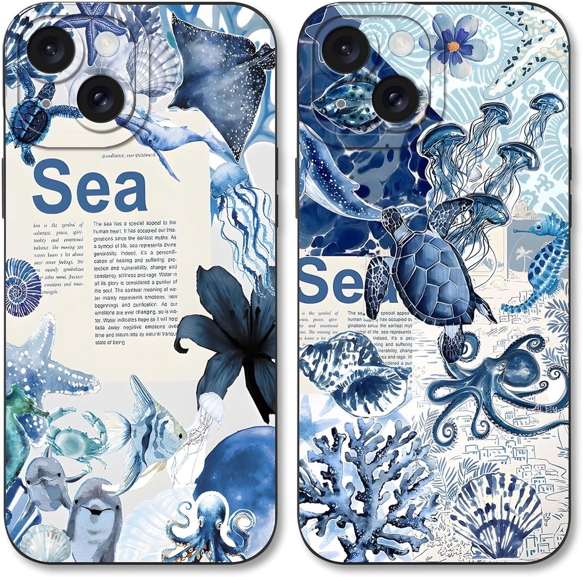 2 stuks zomer oceaan beschermhoes voor iPhone 15 6,1 inch, esthetische collage kwallen, bloem, schildpad, tekening, siliconen, zwart, dun, TPU, beschermhoes voor vrouwen en meisjes