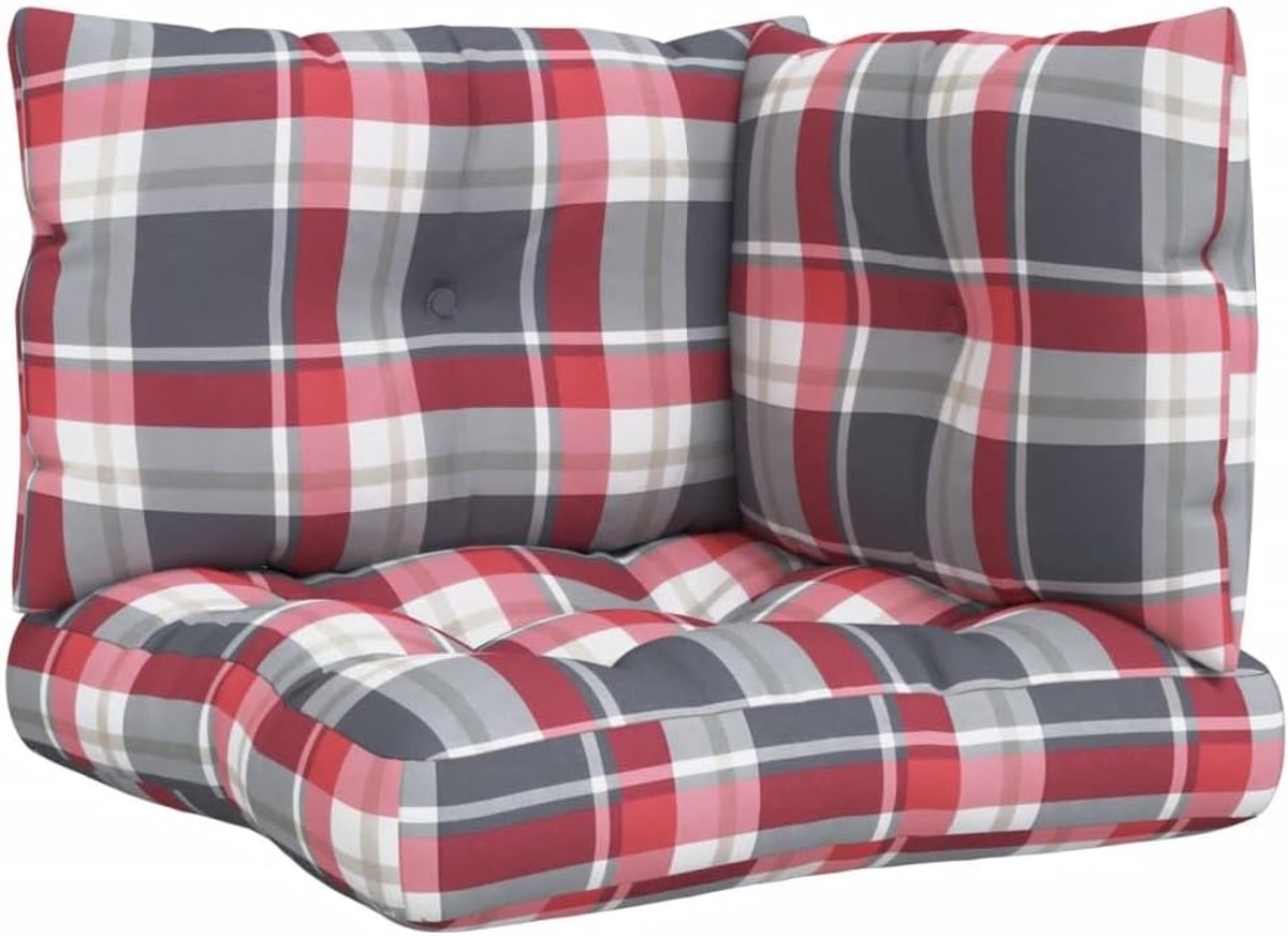 3-delig, rood ruitpatroon, polyester, comfortabel outdoor zitkussen met holle vezelvulling voor tuinmeubelen, waterdicht en onderhoudsvriendelijk