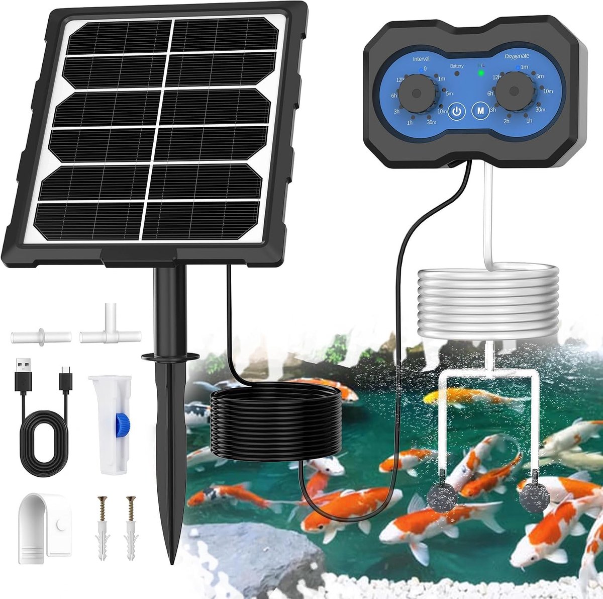 Vijverbeluchter op zonne-energie met accu, 3W zonne-zuurstofpomp voor vijver, oplaadbare aquarium luchtpomp met 2200 mAh, 146 modi voor watercirculatie in tuin, vijver, aquarium, viskwekerij