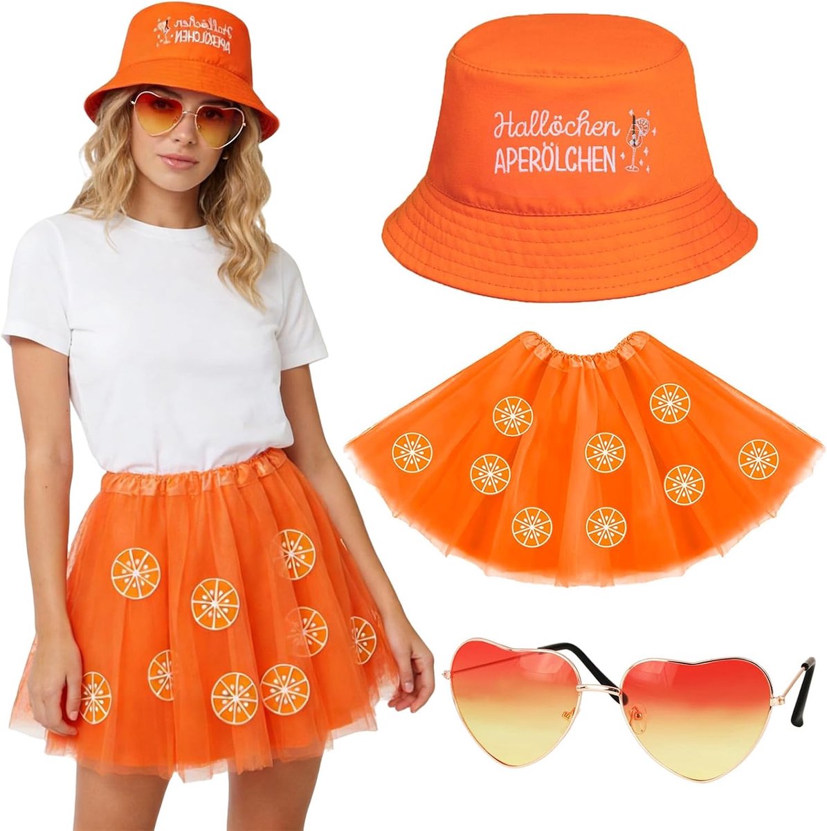 Spritz Kostuum voor dames, met tule rok, oranje, vissershoed, carnaval, aperolkostuum, accessoires voor dames voor carnavalsfeest