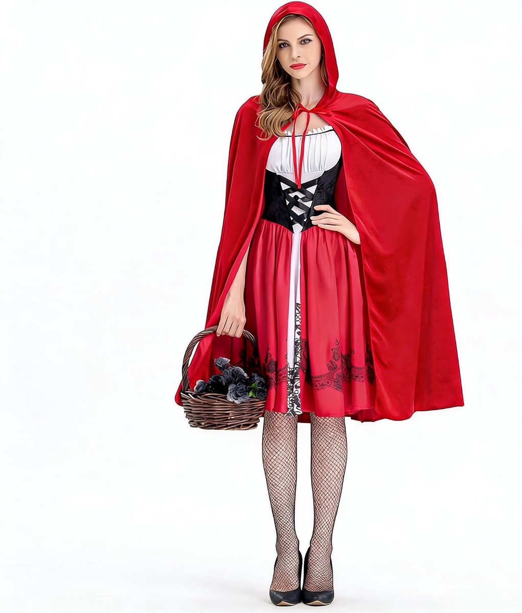 Kostuum voor dames, roodkapje cape met jurk en zwarte kousen, sprookjeskostuum voor dames, geschikt voor carnaval, Halloween, cosplay