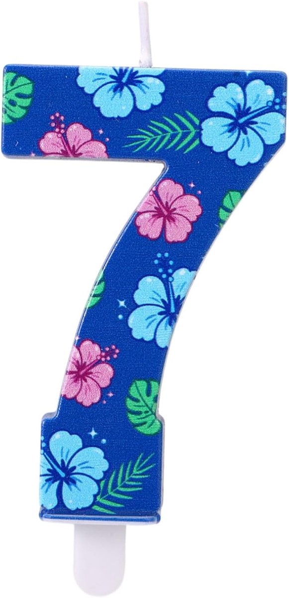 Verjaardagskaars met Cijfer, Taarttopper met Hawaïaans Thema en Bloemenmotief voor Kinderen Jongens en Meisjes Feestdecoratie (Cijfer 7)