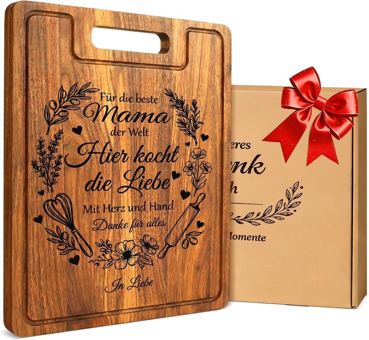 Moederdagcadeau voor mama - XXL acaciahouten snijplank dik 2 cm met sapgoot - cadeau mama verjaardag, elegant voor moeder inclusief geschenkdoos en linnen doek